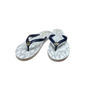 MICHAEL KORS Flip Flops Thongs Sandals Navy Blue White Gold MK Logo US Size 11